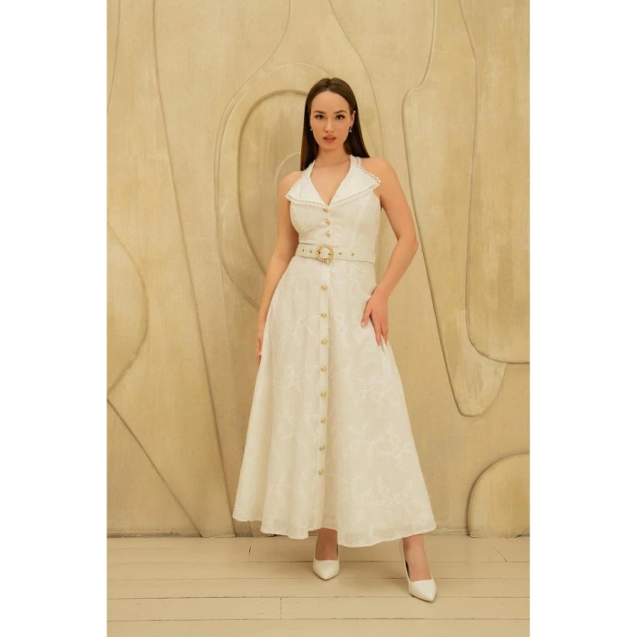 Beyaz İnci Kemer Detaylı Dantelli Elbise