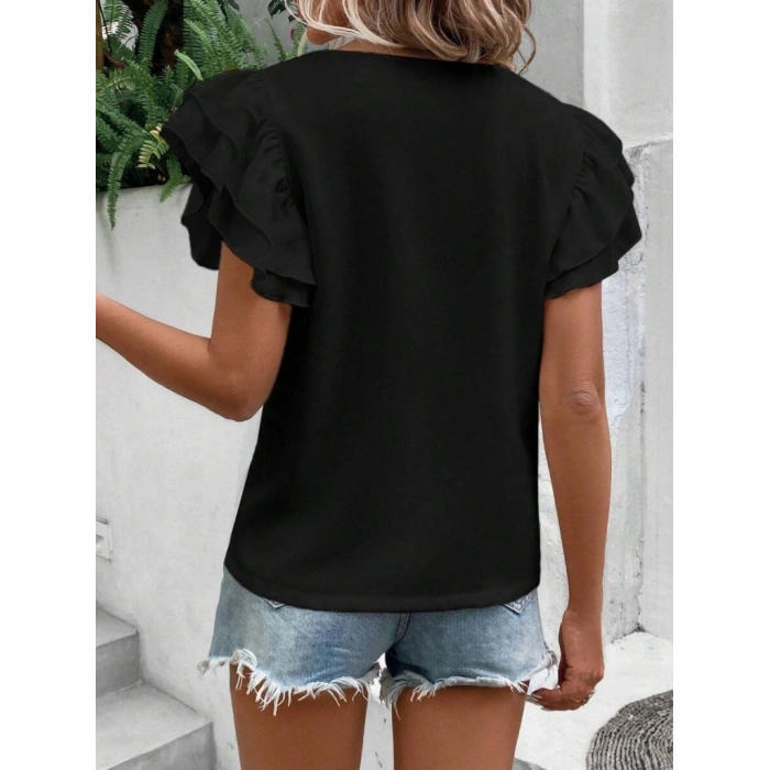 Bisiklet Yaka Kolları Volanlı İthal Krep Bluz