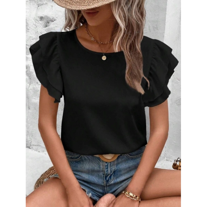 Bisiklet Yaka Kolları Volanlı İthal Krep Bluz