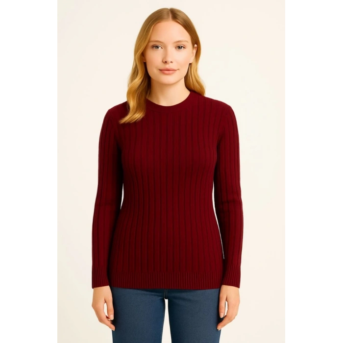 Bisiklet Yuvarlak Yaka Triko Kazak Pamuklu Kalın Fitilli Dokuma, Regular Fit Uzun Kollu Kışlık Model - Bordo