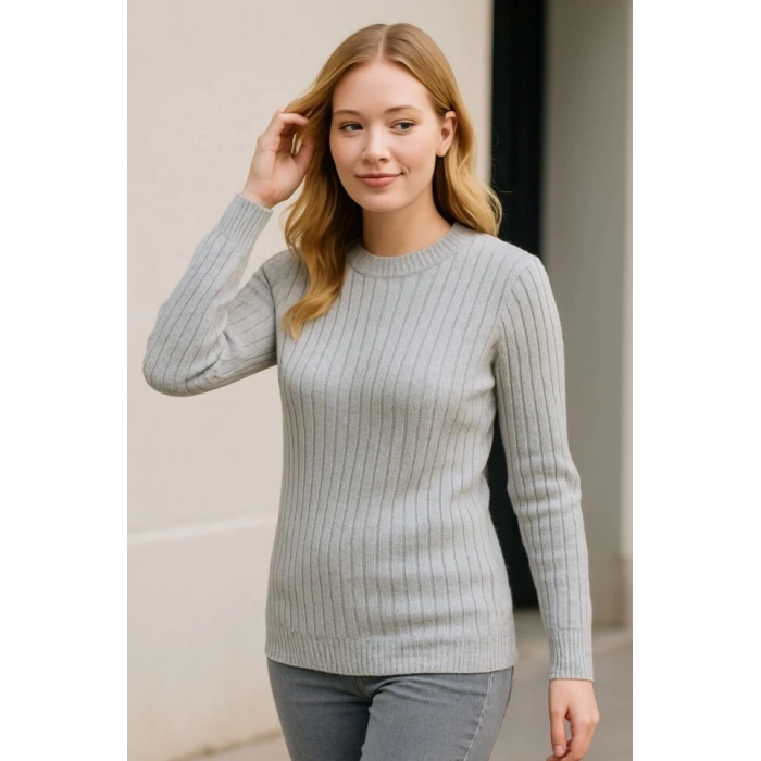 Bisiklet Yuvarlak Yaka Triko Kazak Pamuklu Kalın Fitilli Dokuma, Regular Fit Uzun Kollu Kışlık Model - Gri