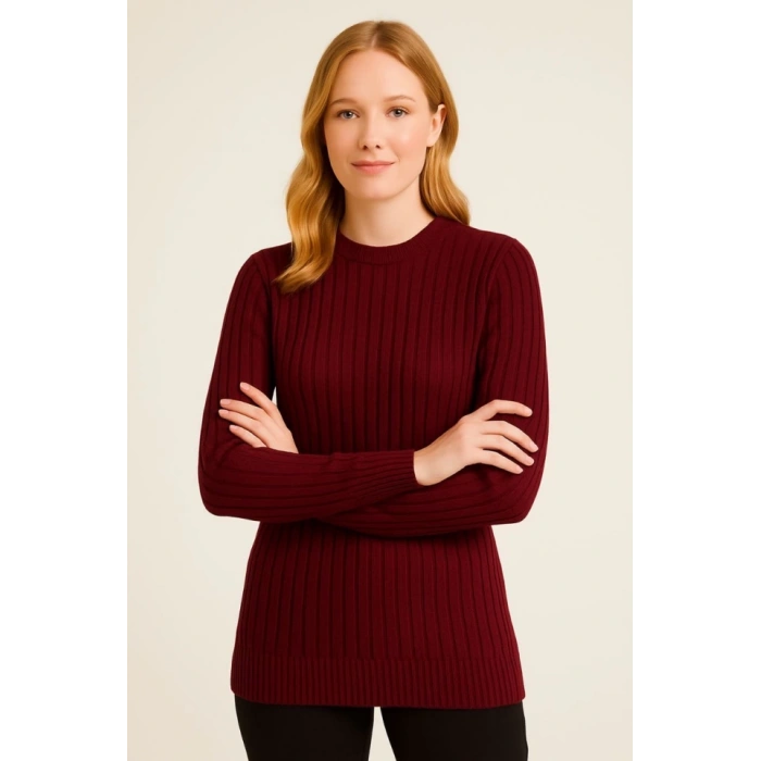 Bisiklet Yuvarlak Yaka Triko Kazak Pamuklu Kalın Fitilli Dokuma, Regular Fit Uzun Kollu Kışlık Model - Bordo