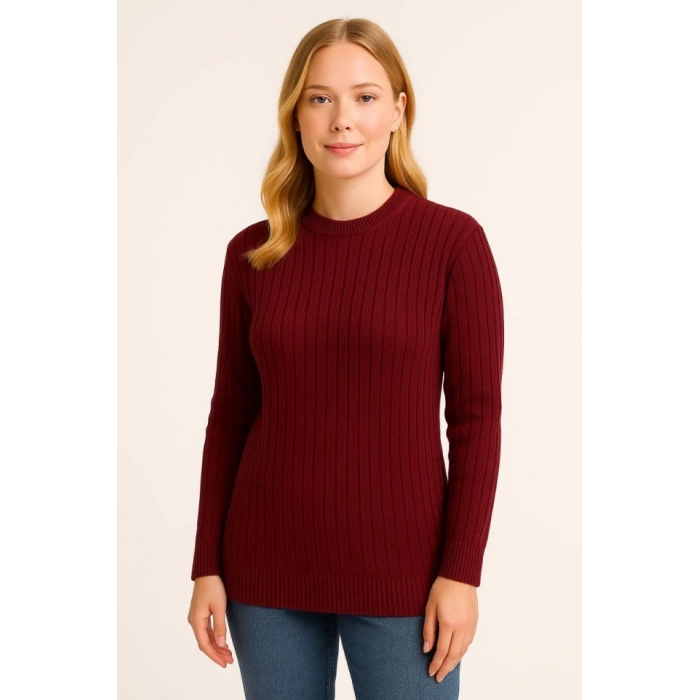 Bisiklet Yuvarlak Yaka Triko Kazak Pamuklu Kalın Fitilli Dokuma, Regular Fit Uzun Kollu Kışlık Model - Bordo