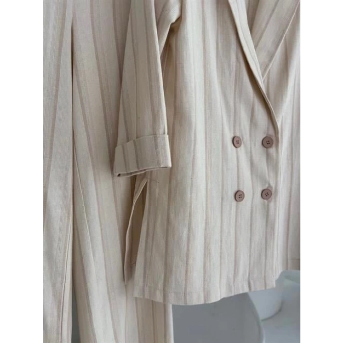 Blazer Ceketli Çizgili Keten Takım 10186