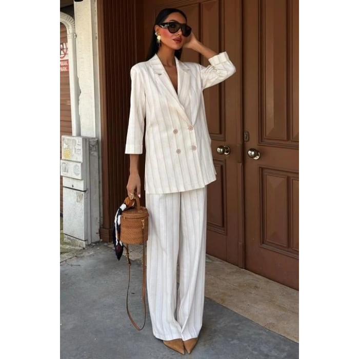 Blazer Ceketli Çizgili Keten Takım 10186