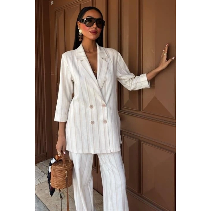 Blazer Ceketli Çizgili Keten Takım 10186