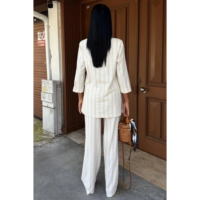 Blazer Ceketli Çizgili Keten Takım 10186
