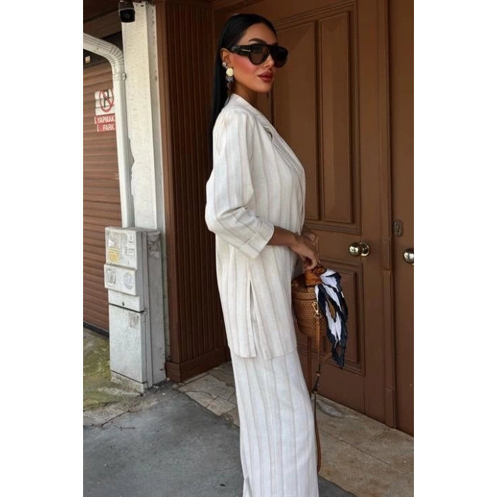 Blazer Ceketli Çizgili Keten Takım 10186