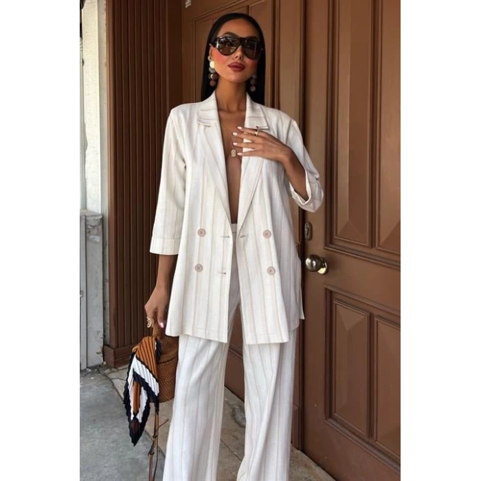 Blazer Ceketli Çizgili Keten Takım 10186