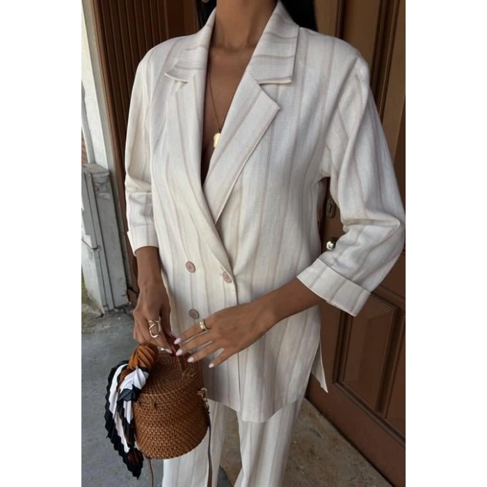 Blazer Ceketli Çizgili Keten Takım 10186