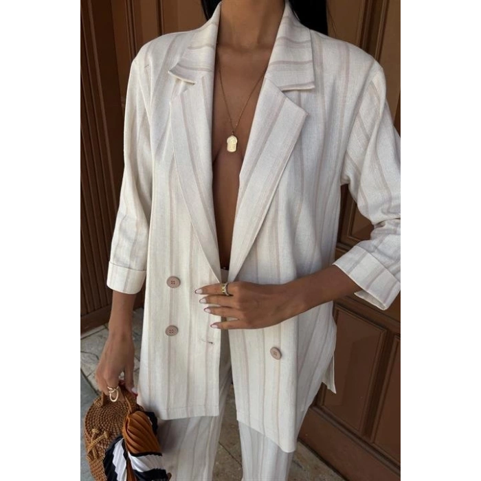 Blazer Ceketli Çizgili Keten Takım 10186