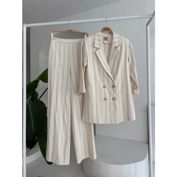 Blazer Ceketli Çizgili Keten Takım 10186