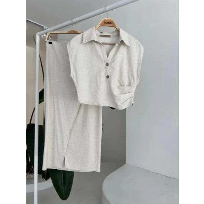 Bluzu Büzgülü Ve Eteği Tokalı Keten Takım 10204