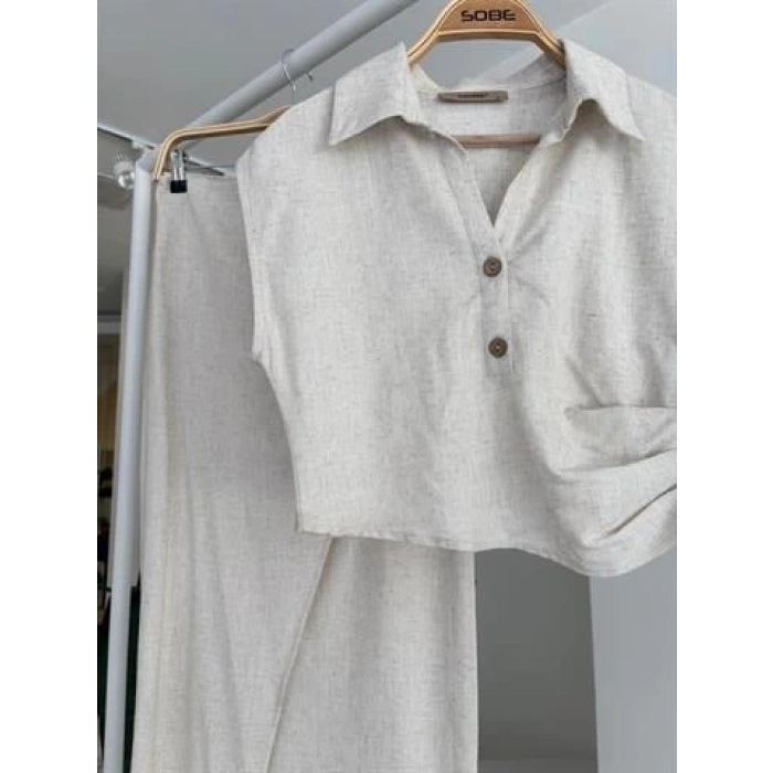 Bluzu Büzgülü Ve Eteği Tokalı Keten Takım 10204