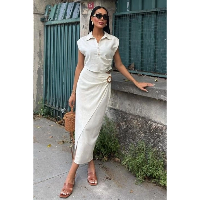 Bluzu Büzgülü Ve Eteği Tokalı Keten Takım 10204