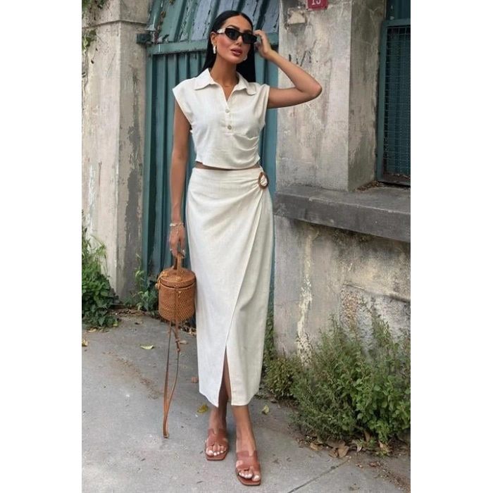 Bluzu Büzgülü Ve Eteği Tokalı Keten Takım 10204