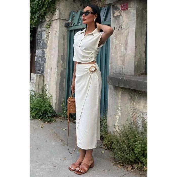 Bluzu Büzgülü Ve Eteği Tokalı Keten Takım 10204