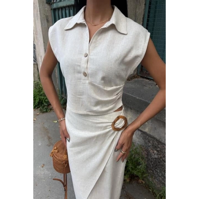 Bluzu Büzgülü Ve Eteği Tokalı Keten Takım 10204