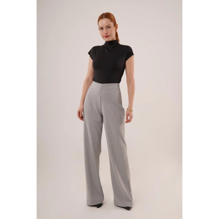 Bol Paça Yandan Fermuarlı Gri Kumaş Pantolon