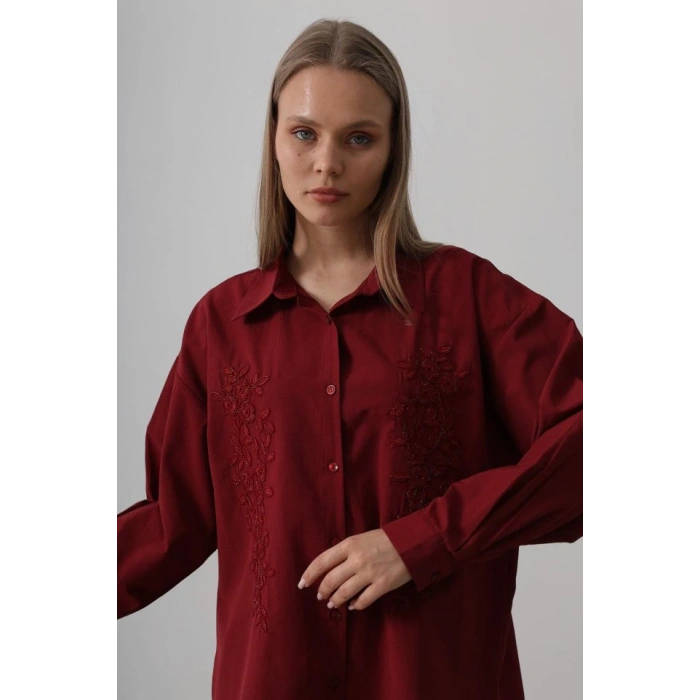 Boncuk Nakış Detaylı Uzun Gömlek - Bordo
