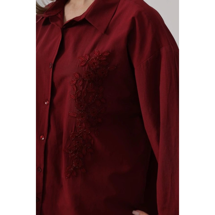 Boncuk Nakış Detaylı Uzun Gömlek - Bordo