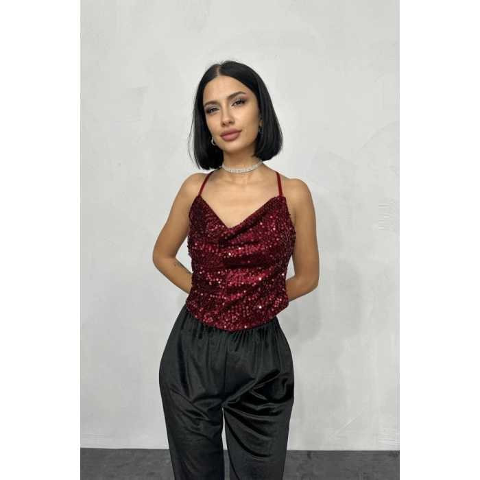 Bordo Askılı Degaje Bluz