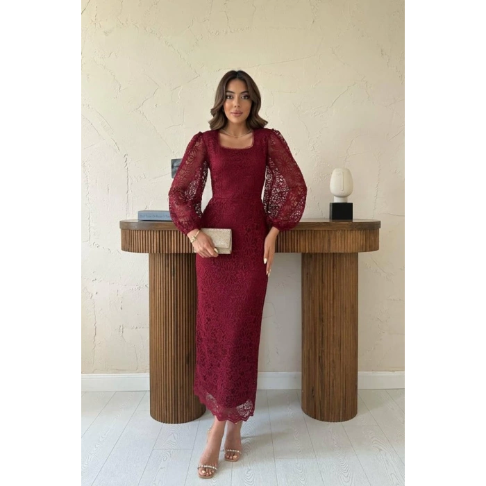 Bordo Güpür Detaylı Dantel Elbise