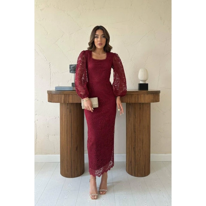 Bordo Güpür Detaylı Dantel Elbise