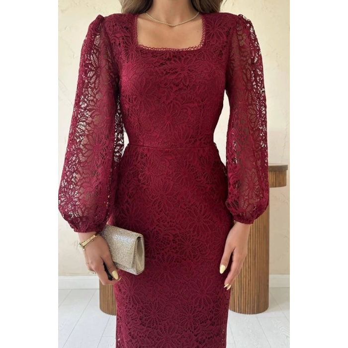 Bordo Güpür Detaylı Dantel Elbise