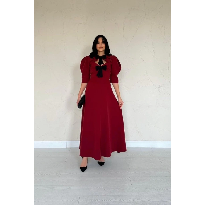 Bordo Ön Dekolteli Fiyonk Garnili Uzun Elbise