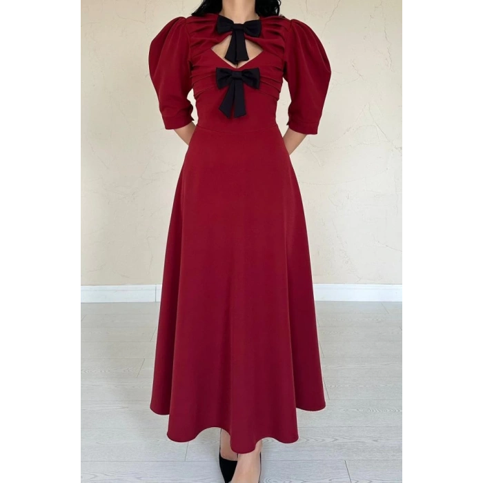 Bordo Ön Dekolteli Fiyonk Garnili Uzun Elbise