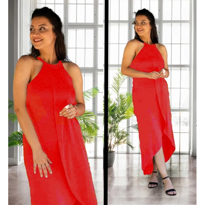 Boyun Askılı Eteği Kruvaze Kesim Viskon Kumaş Elbise