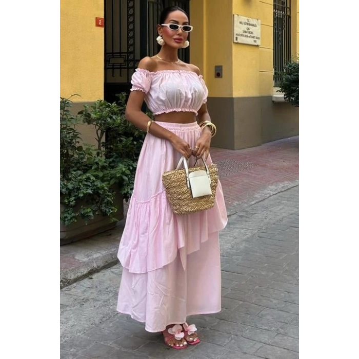 Büzgülü Crop Kat Detaylı Fırfır Etekli Takım 10196