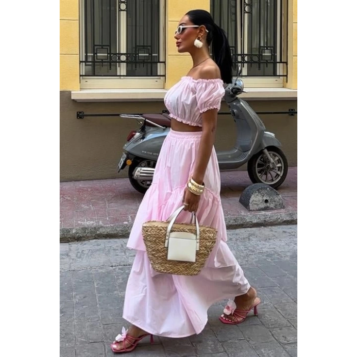 Büzgülü Crop Kat Detaylı Fırfır Etekli Takım 10196