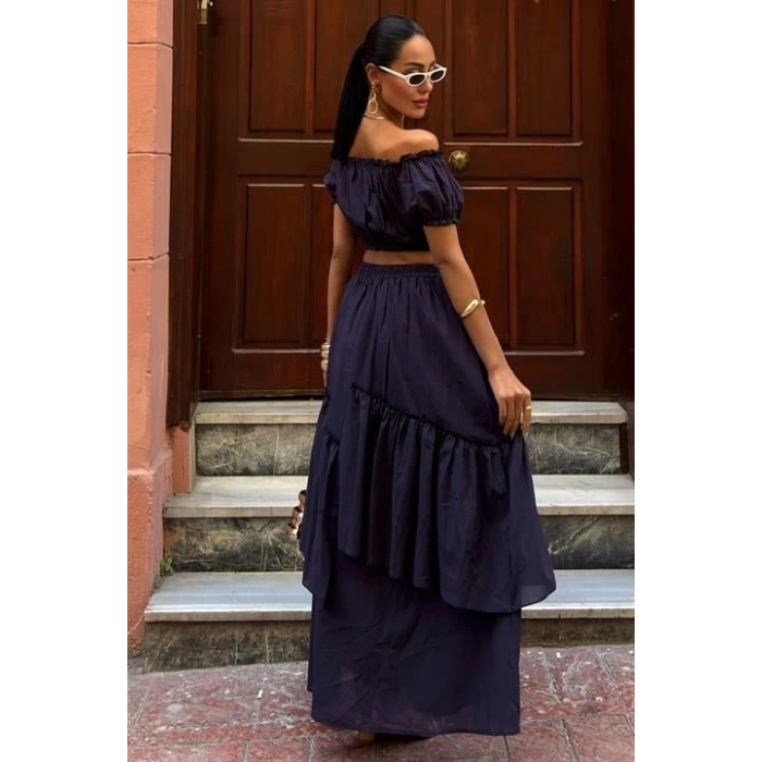 Büzgülü Crop Kat Detaylı Fırfır Etekli Takım 10196