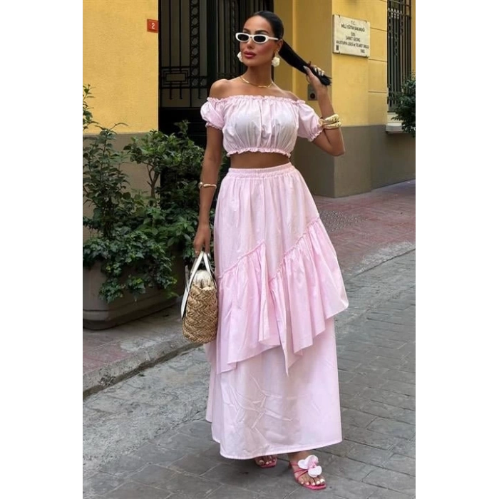 Büzgülü Crop Kat Detaylı Fırfır Etekli Takım 10196