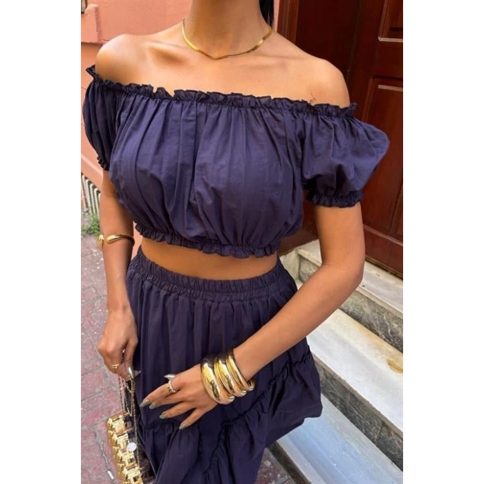 Büzgülü Crop Kat Detaylı Fırfır Etekli Takım 10196