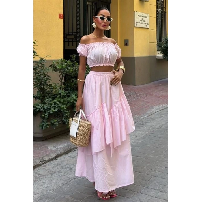 Büzgülü Crop Kat Detaylı Fırfır Etekli Takım 10196