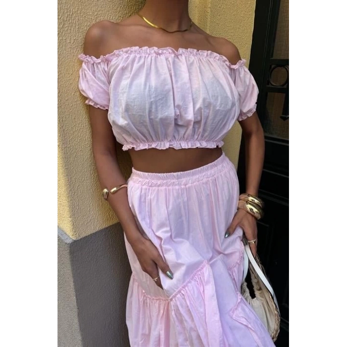 Büzgülü Crop Kat Detaylı Fırfır Etekli Takım 10196