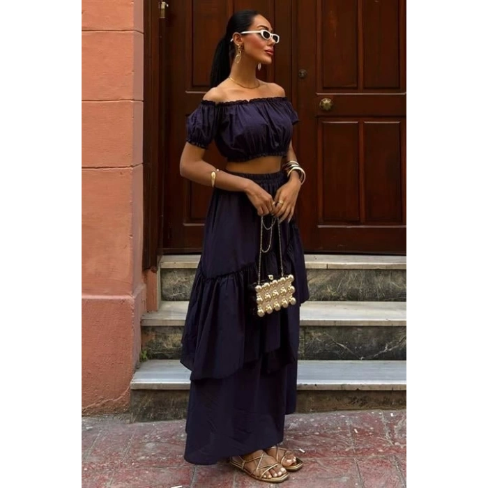 Büzgülü Crop Kat Detaylı Fırfır Etekli Takım 10196