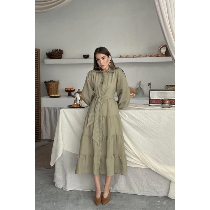 Çağla Çizgi Desenli Uzun Elbise