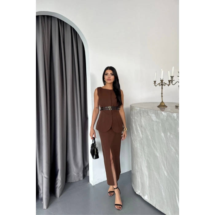 CEKET-ETEK GÖRÜNÜMLÜ ELBİSEÇİFT KEMER DETAYLI - Kahverengi