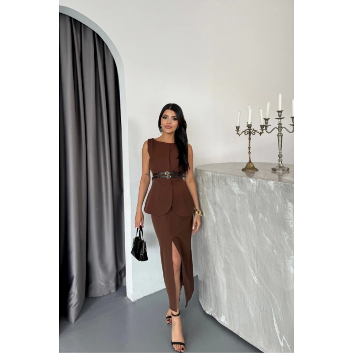 CEKET-ETEK GÖRÜNÜMLÜ ELBİSEÇİFT KEMER DETAYLI - Kahverengi