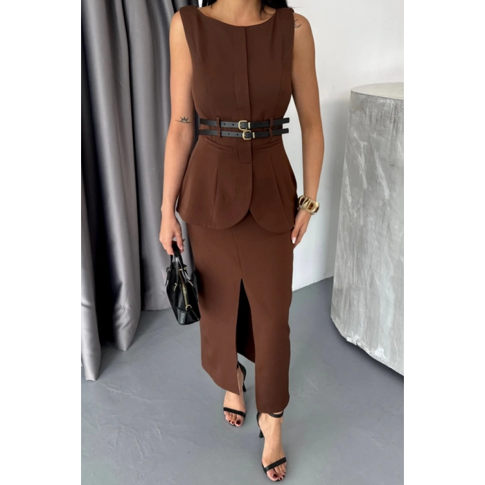 CEKET-ETEK GÖRÜNÜMLÜ ELBİSEÇİFT KEMER DETAYLI - Kahverengi