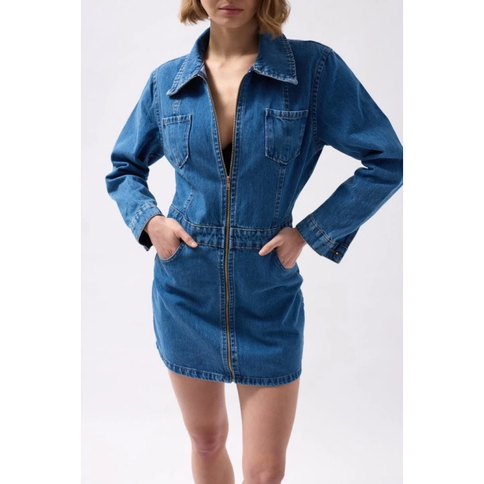 Cep Detaylı Fermuarlı Denim Elbise