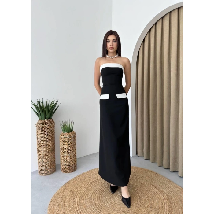 Cep Detaylı Straplez Elbise