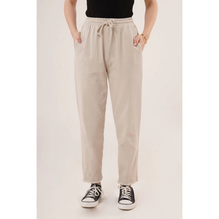 Cepli Belden Bağlamalı Paça Detaylı Krem Pantolon