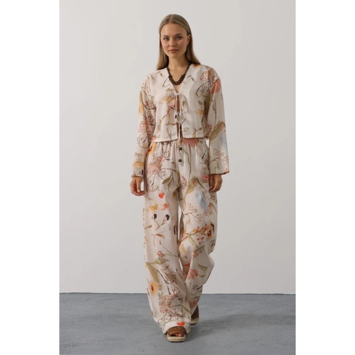 Çiçek Desen Önü Bağlamalı Pantolon Takım - Taş