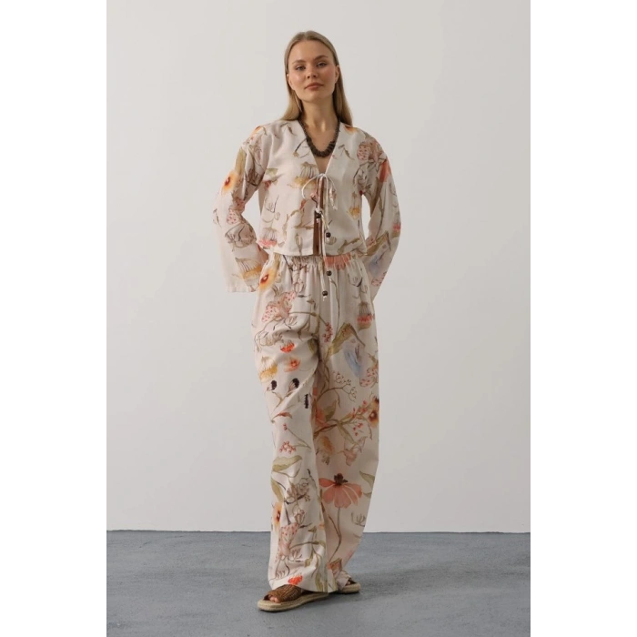 Çiçek Desen Önü Bağlamalı Pantolon Takım - Taş