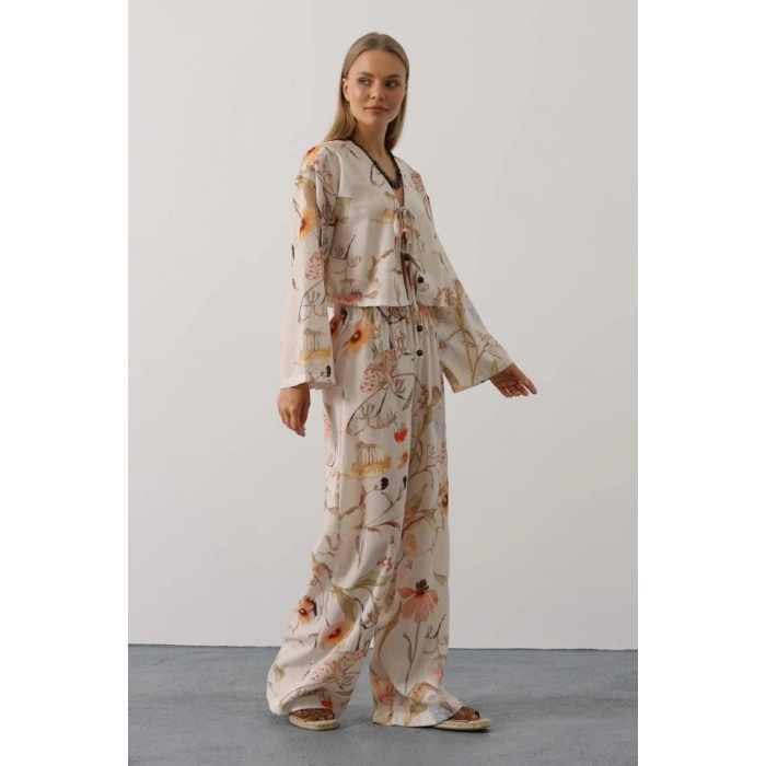Çiçek Desen Önü Bağlamalı Pantolon Takım - Taş